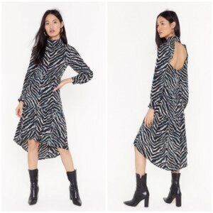 Nasty Gal Zebra Print‎ Midi Dress 8 Long Sleeves High Low Hem Green Black